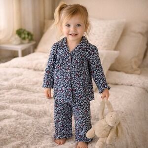 Janie and Jack Kids 2T Pajama Set Long Sleeve Pants Floral Cardinal Navy Red
